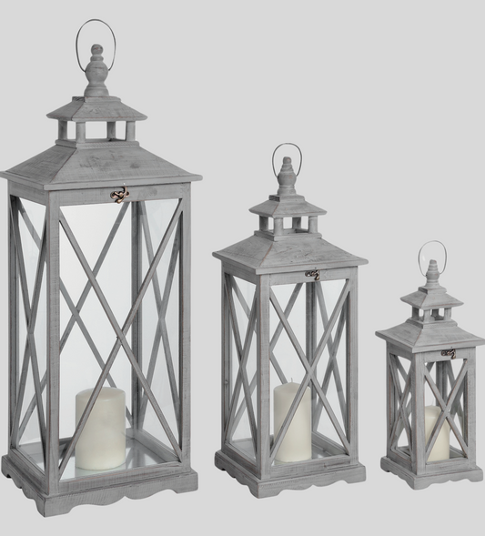 Three Wooden Lanterns With Traditional Cross Section